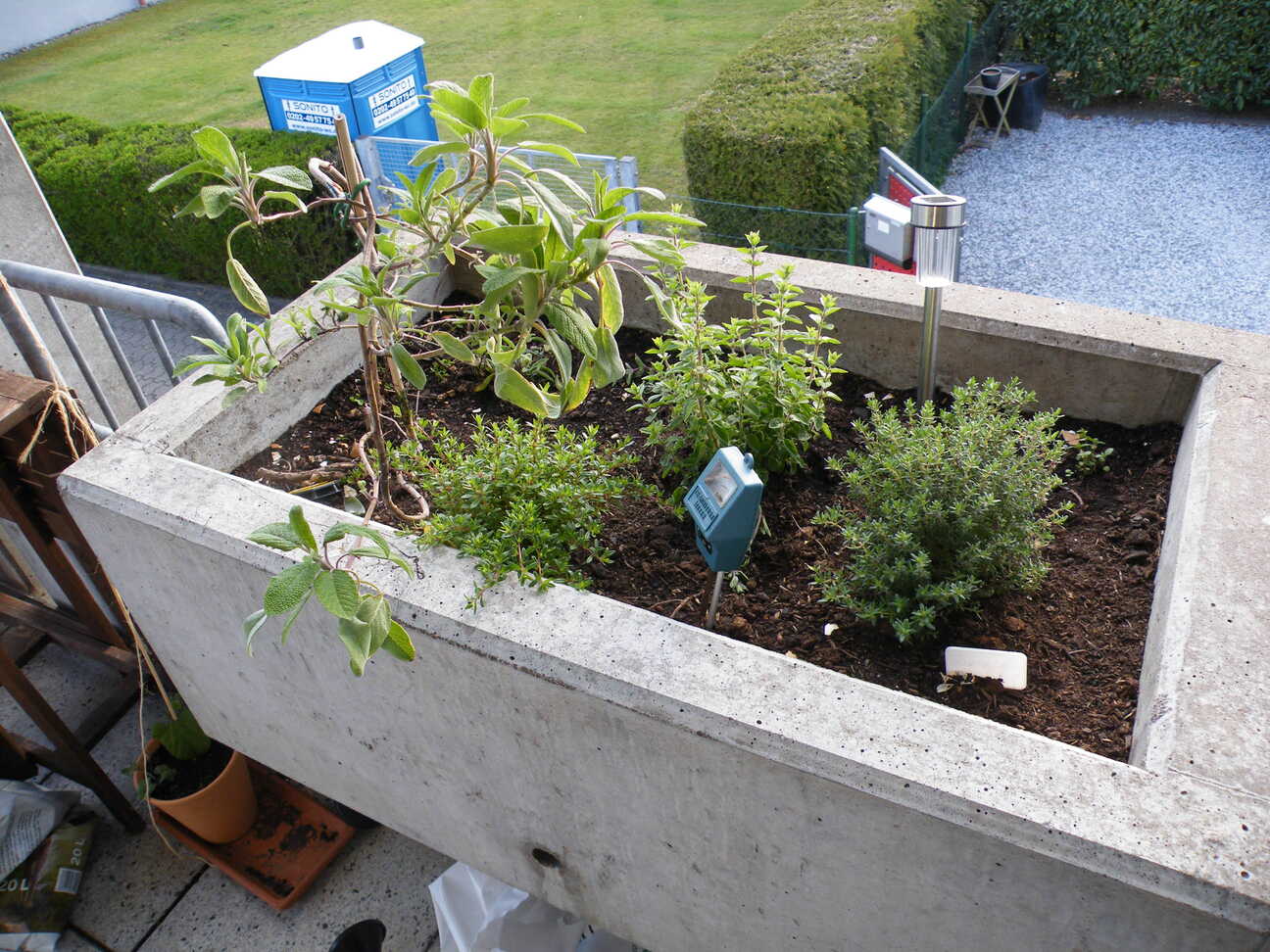 Kräuterblumenkasten mit Salbei, Thymian, Oregano, Majoran und Bohnenkraut